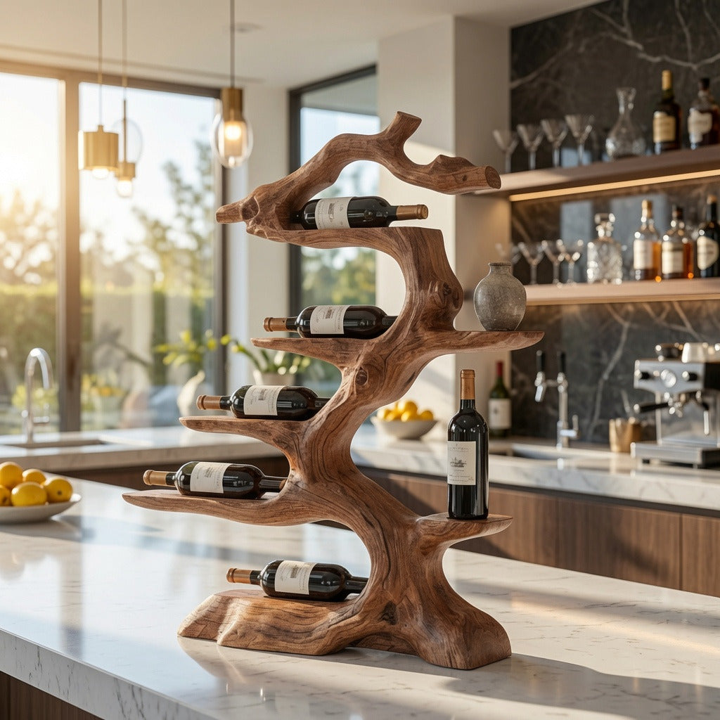 Natural hardwood wine rack showcasing bottles in a contemporary home bar