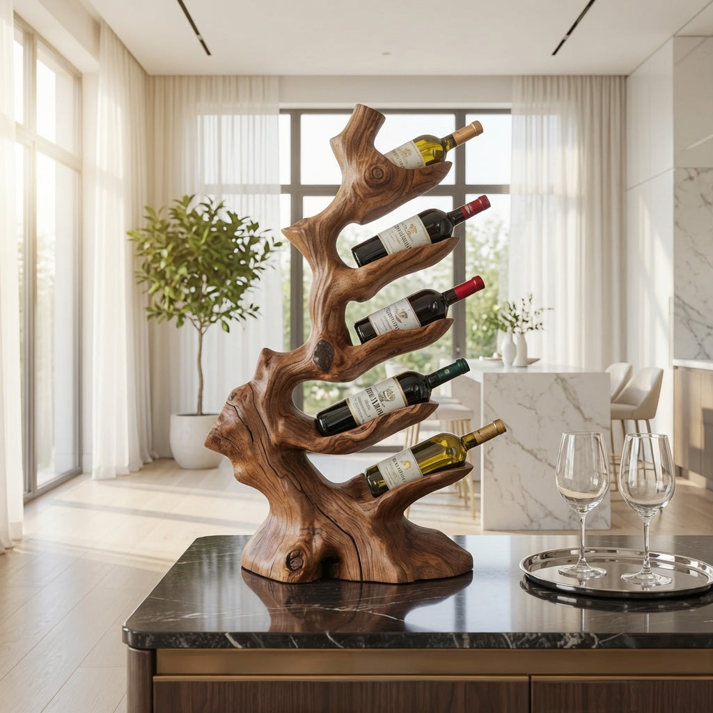 Rustic wooden wine storage stand crafted from natural hardwood