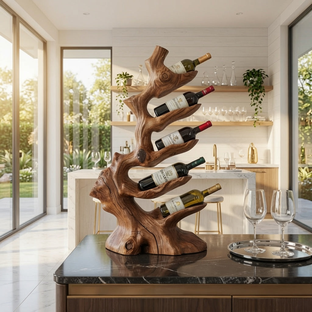 Natural hardwood wine rack enhancing a contemporary kitchen
