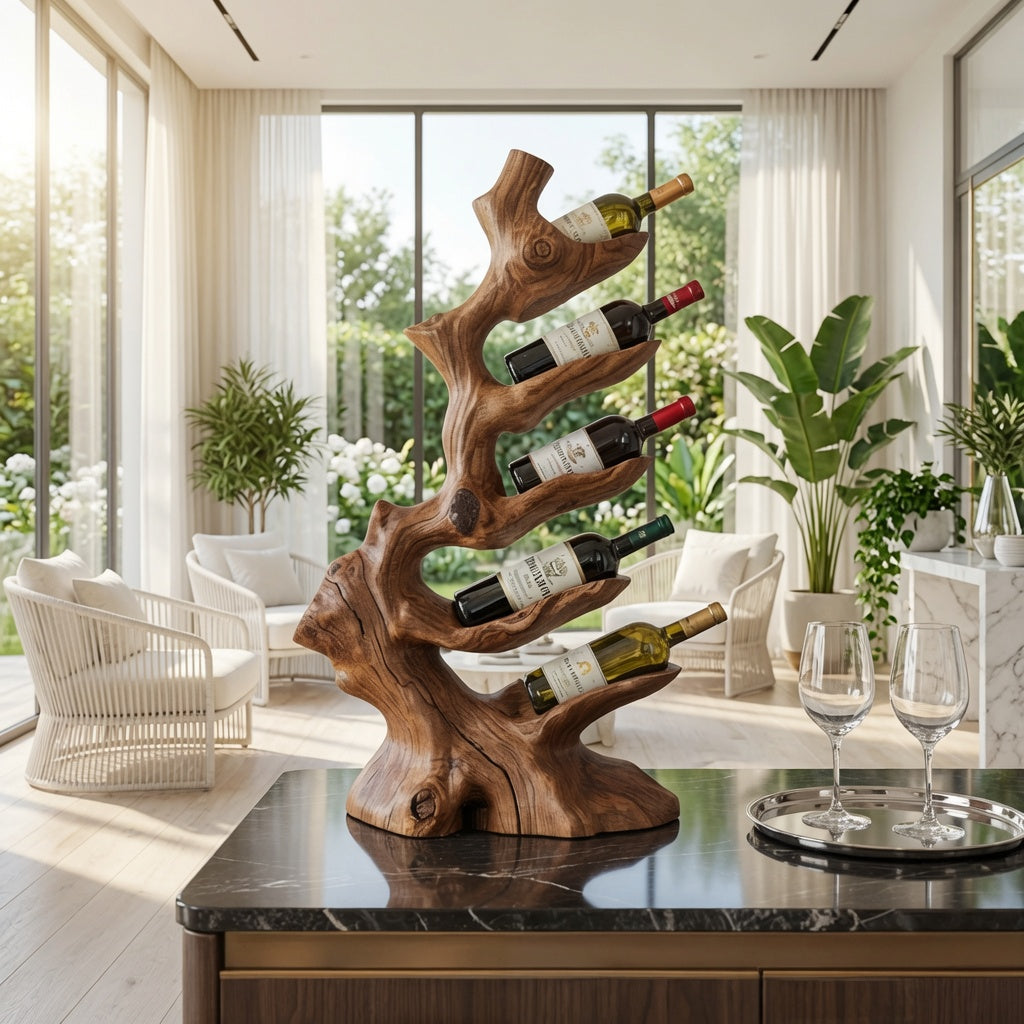 Artisan solid wood wine display adding warmth to a stylish dining room