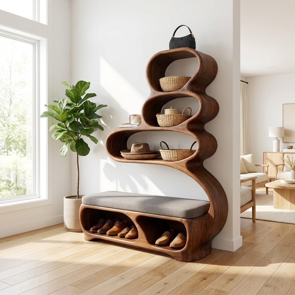 Artistic solid wood entryway bench enhancing a contemporary home interior