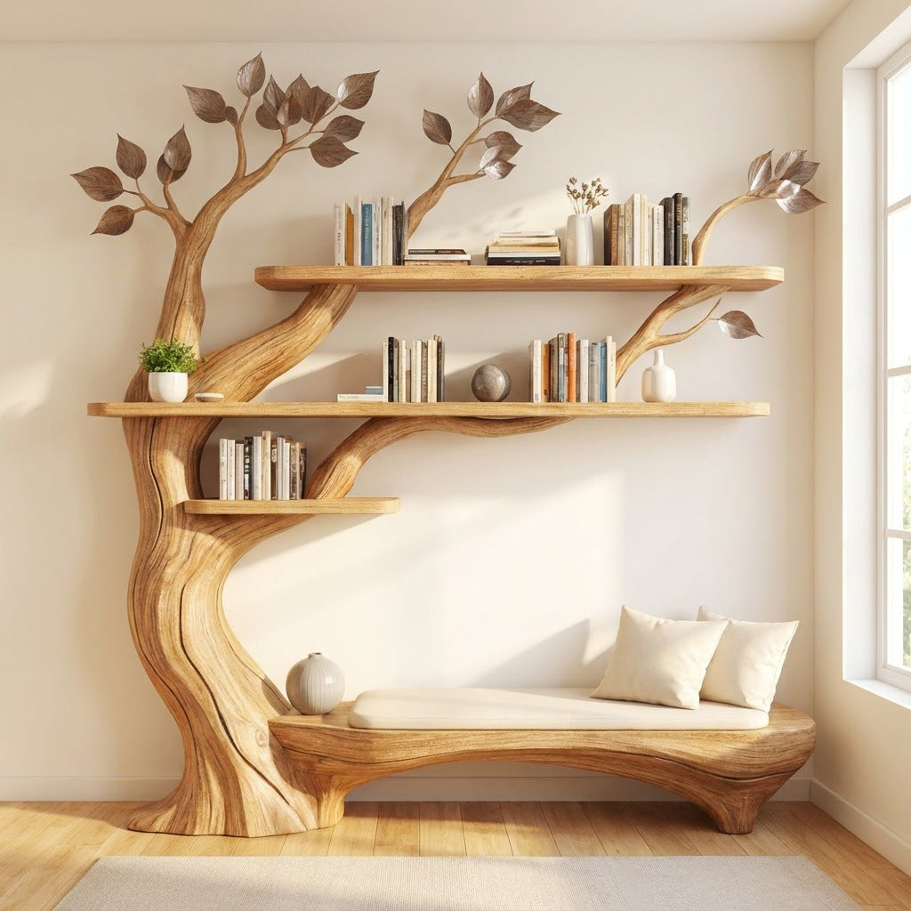 Hand-carved solid wood branch wall display unit with integrated bench in a modern reading nook