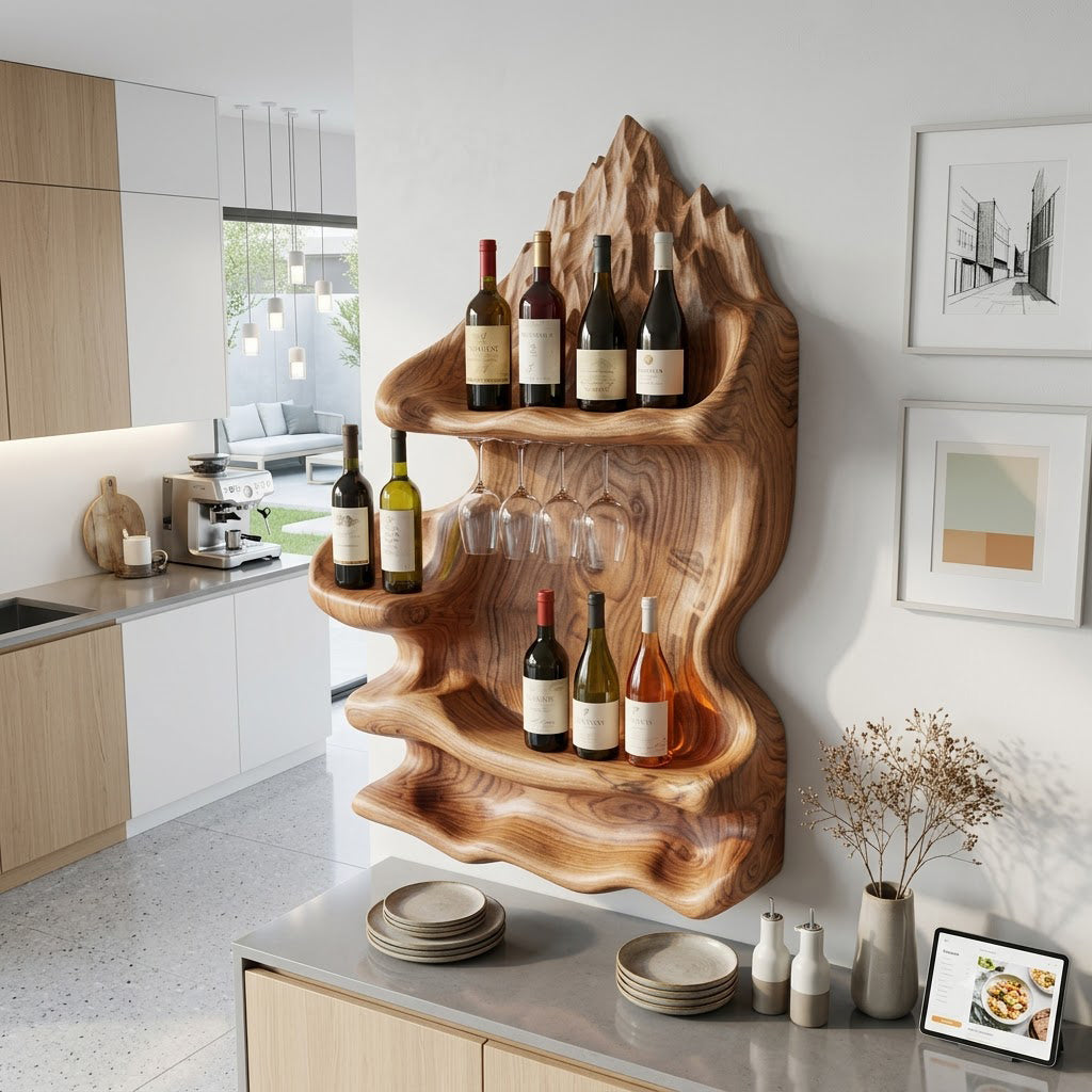 Hand-carved solid wood wall wine rack with bottle and glass display in a modern kitchen