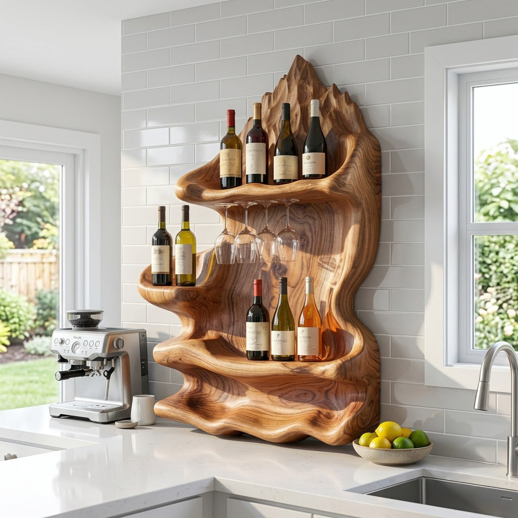 Sculptural solid wood mountain ridge wine rack in a contemporary kitchen