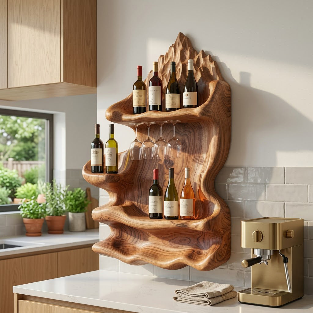Organic solid wood mountain wine rack styled in an elegant home bar