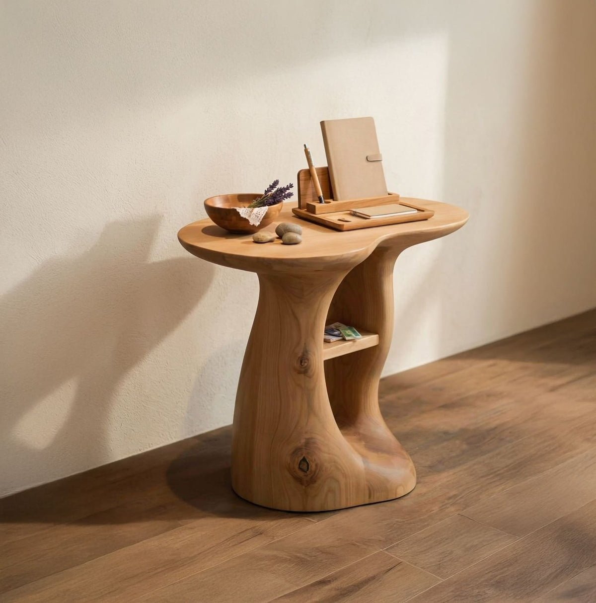Live edge solid wood side table styled in a contemporary living room