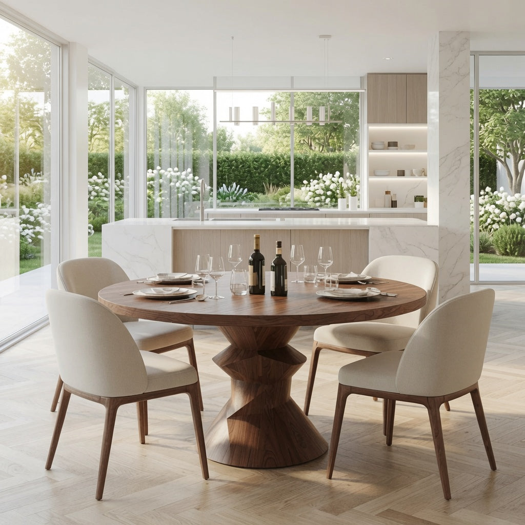 Natural hardwood round dining table enhancing a minimalist dining space
