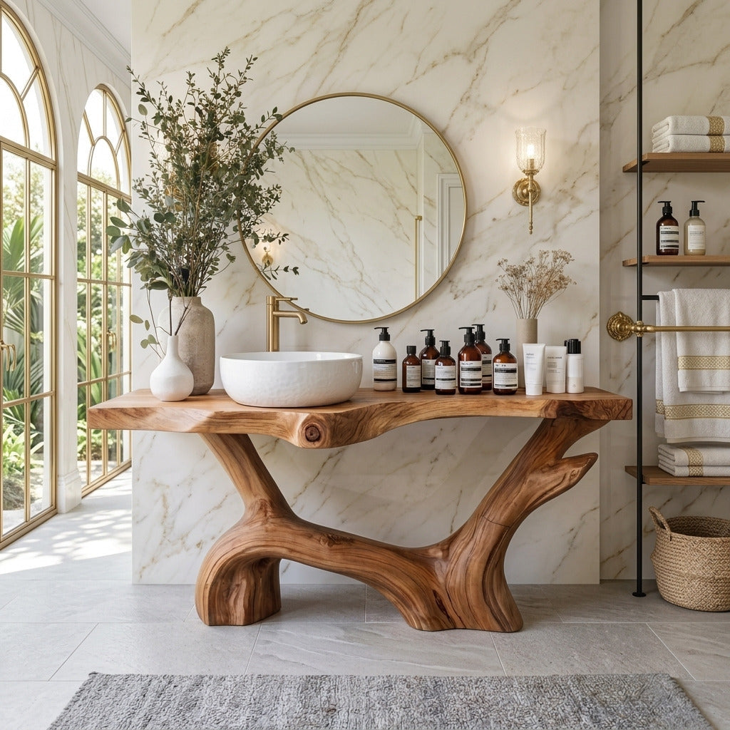 Sculptural root live edge solid wood vanity in a modern bathroom
