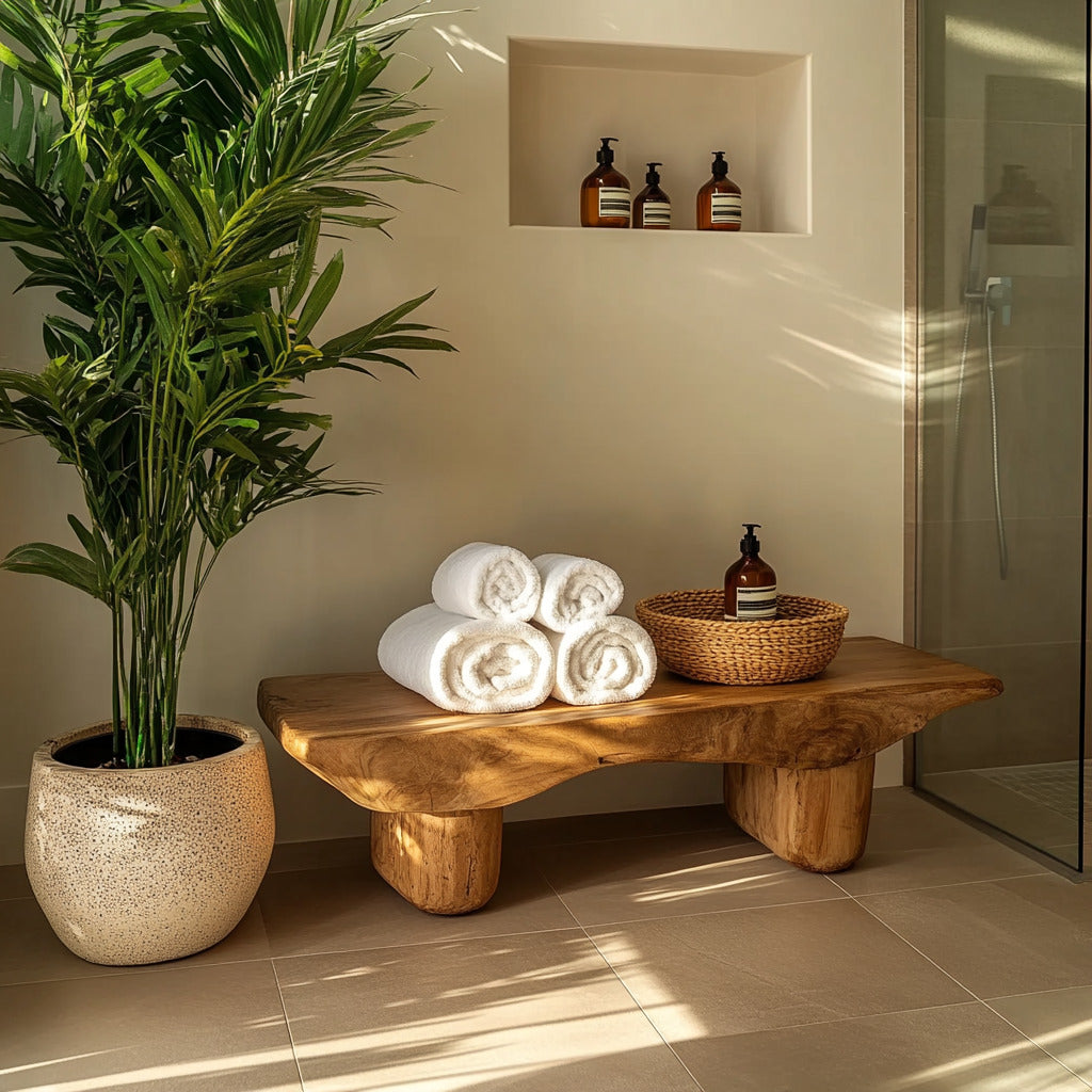 Handcrafted wooden bathroom bench creating a spa-inspired interior