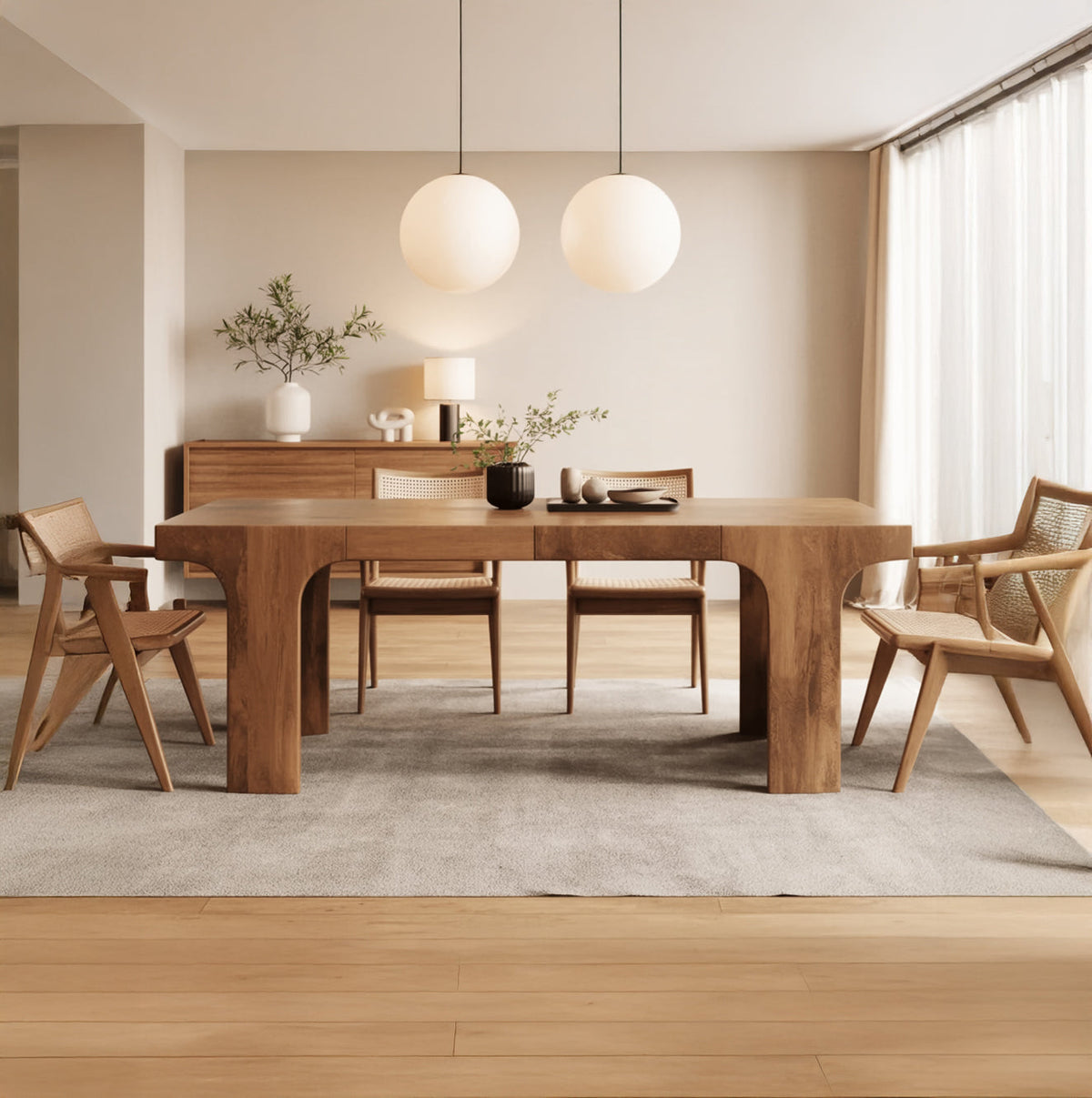 Sculptural solid wood dining set with modern Japandi design