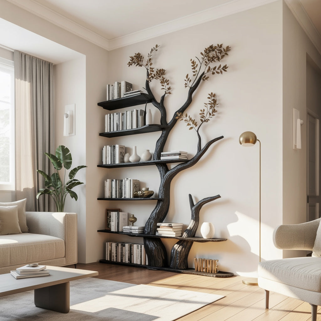 Solid wood tree bookshelf in dark finish filled with books in living room