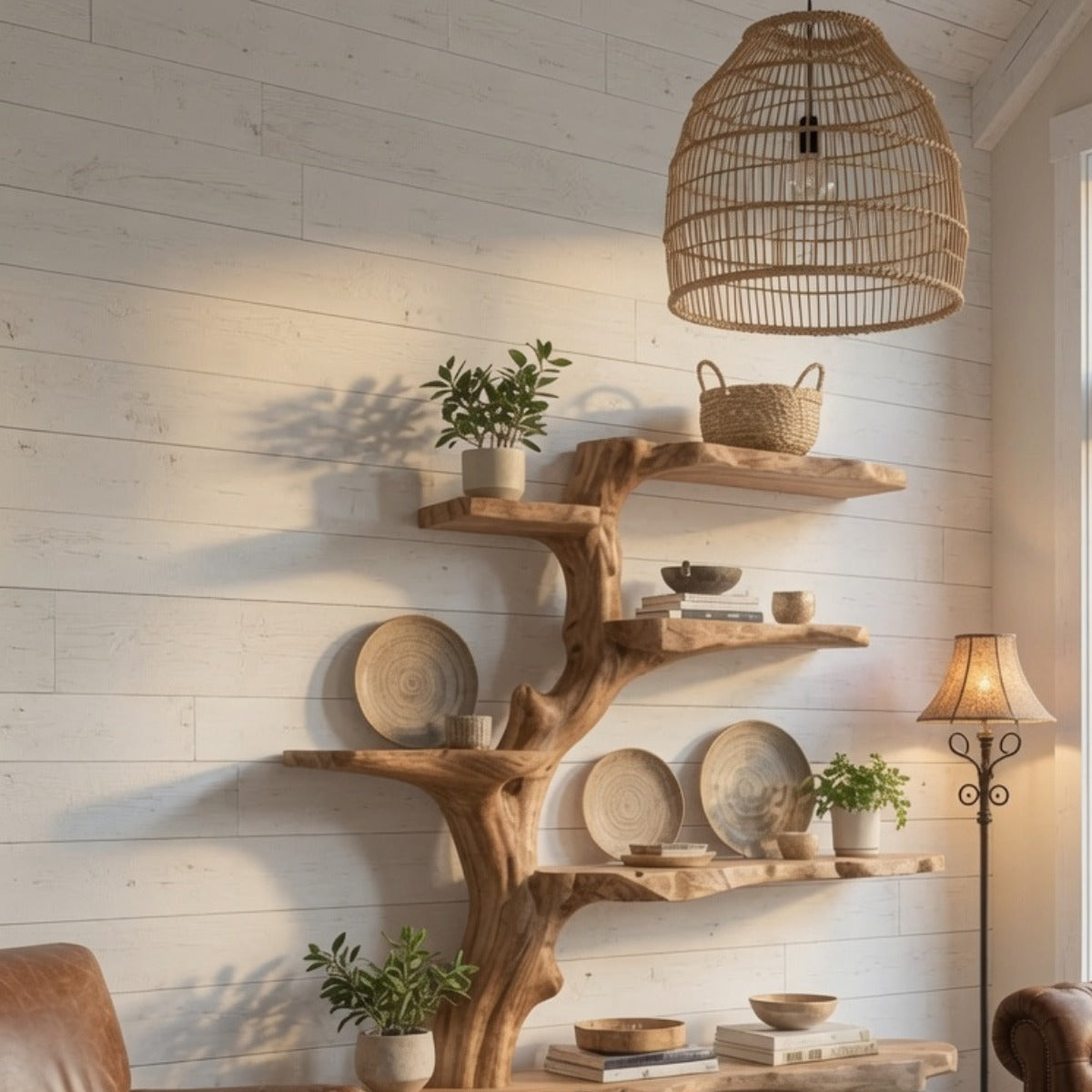 Modern organic wooden bookshelf with tree design