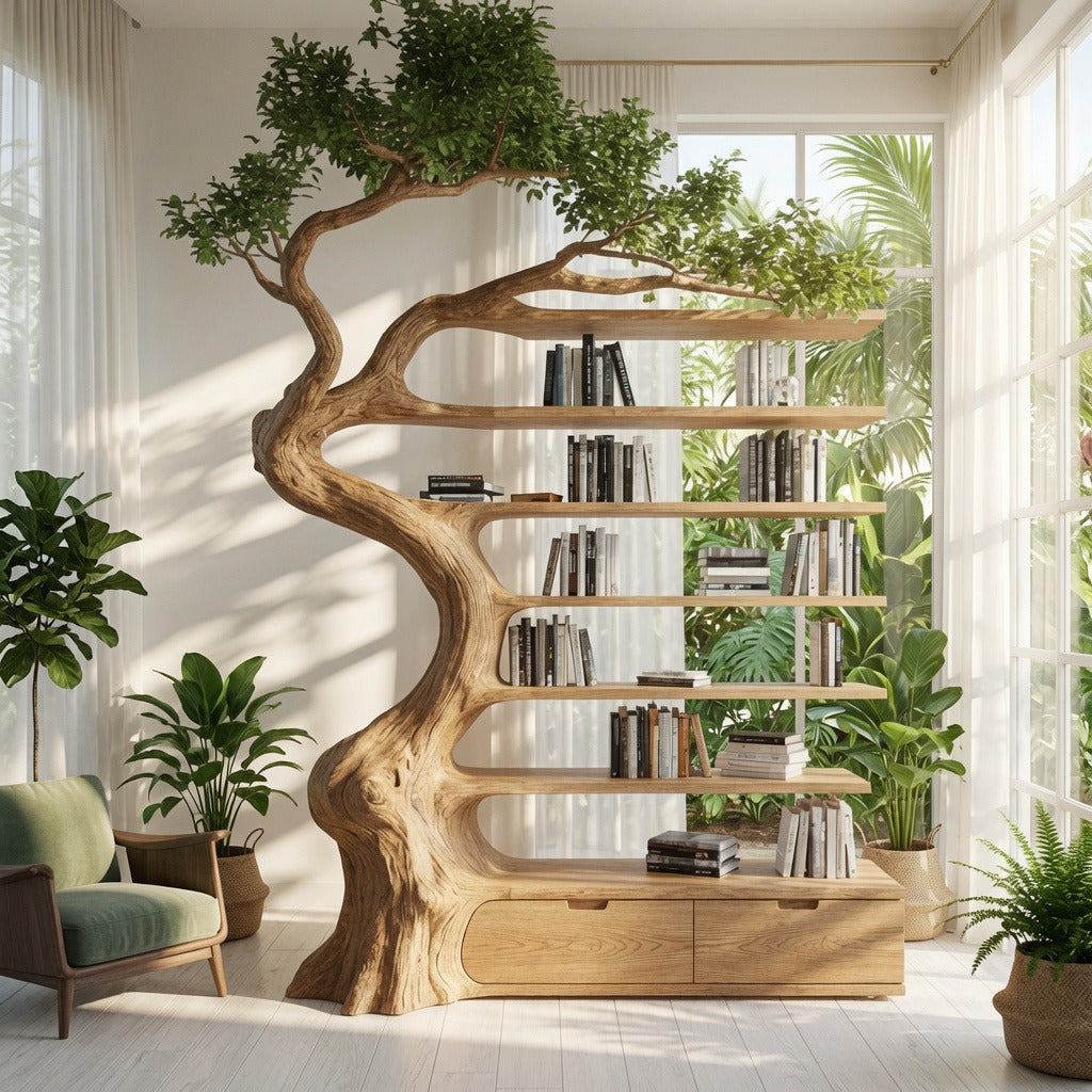 Modern solid wood bookshelf with drawers enhancing a luxury reading space