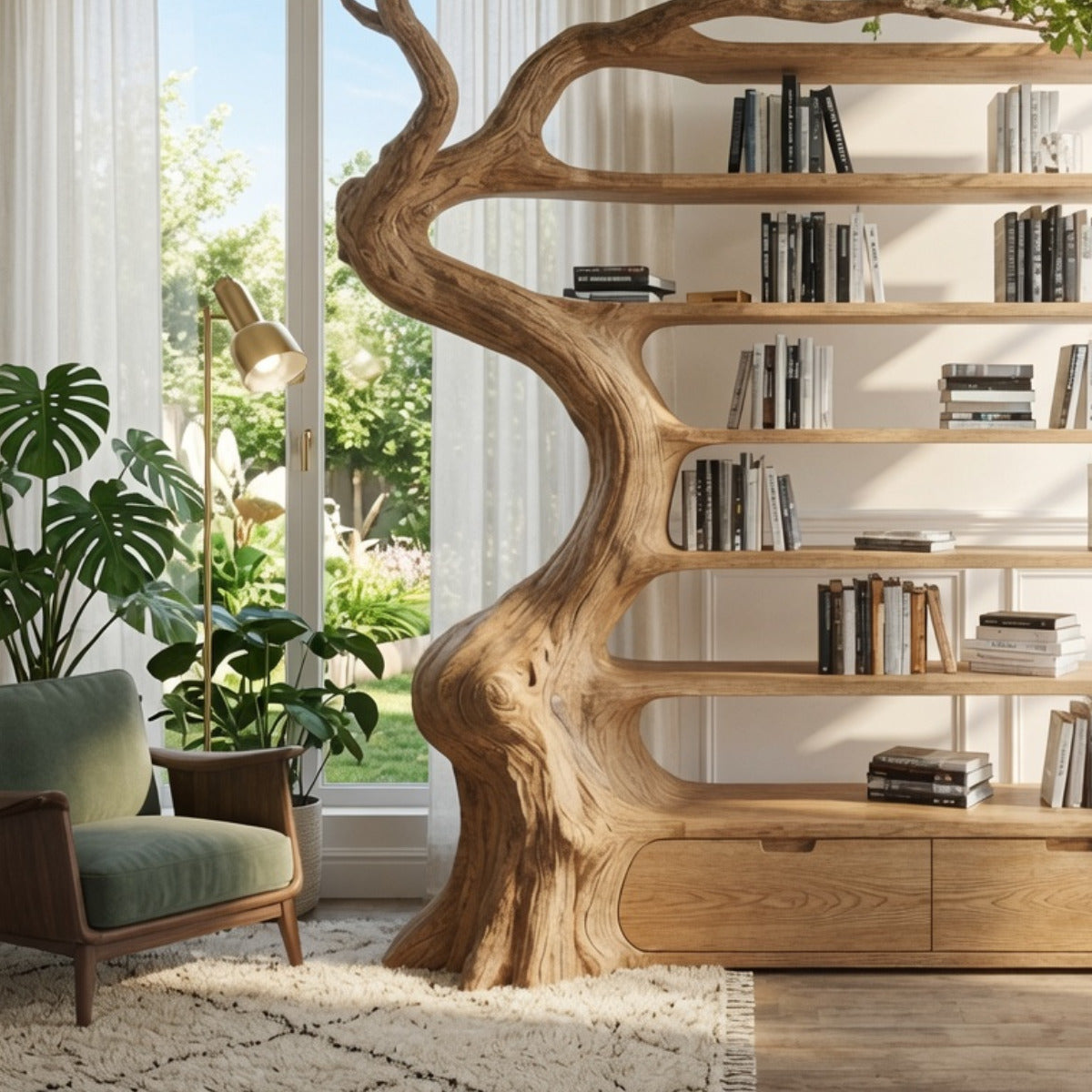 Organic tree branch bookcase crafted from natural hardwood