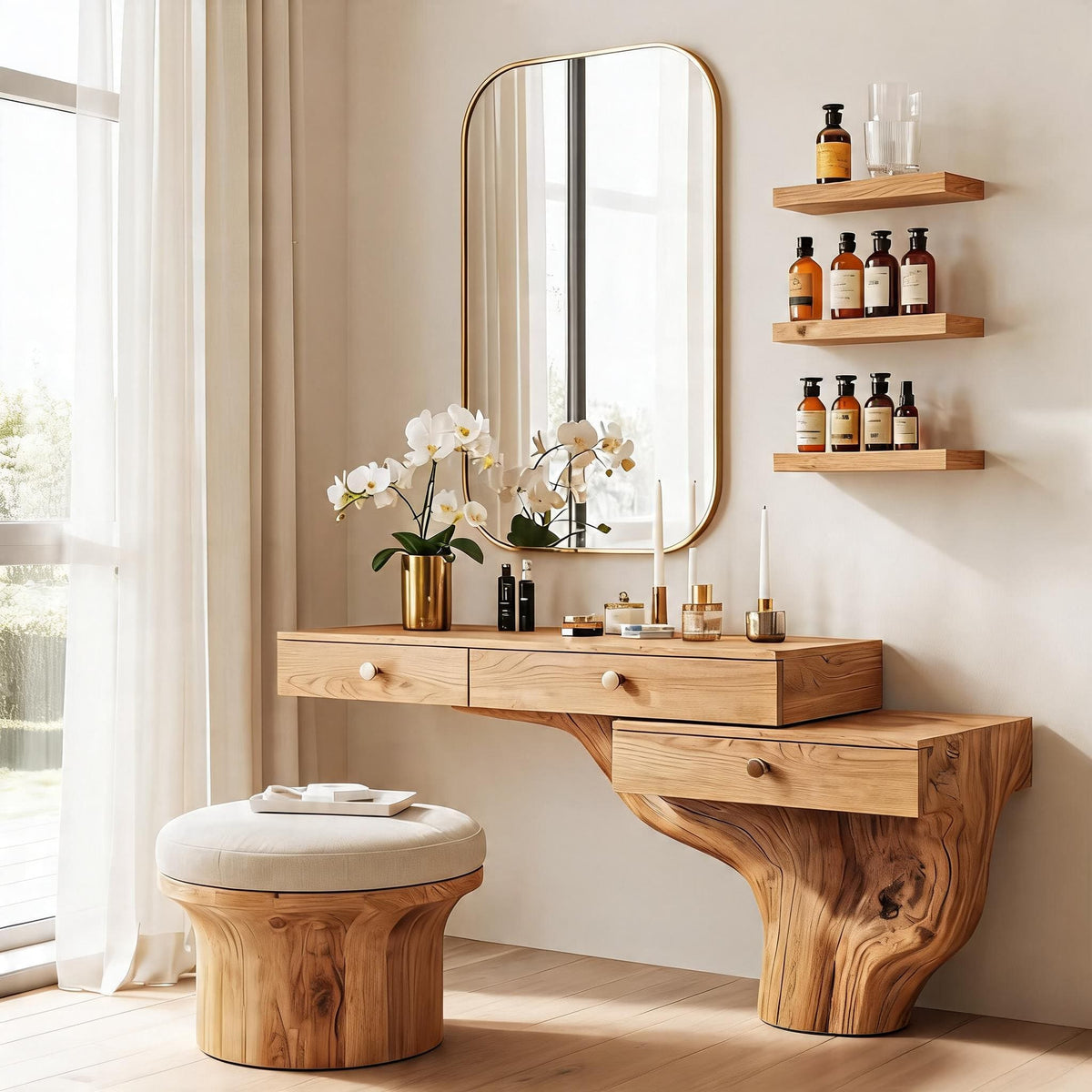 Organic tree root wooden vanity table creating an elegant makeup space