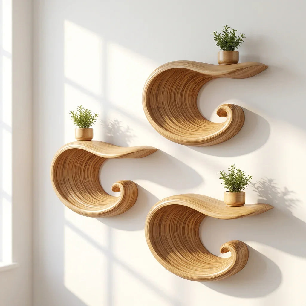Sculptural Wave Floating Shelf - Hand carved Solid Wood Wall Art Shelf - Ashdeco 2026