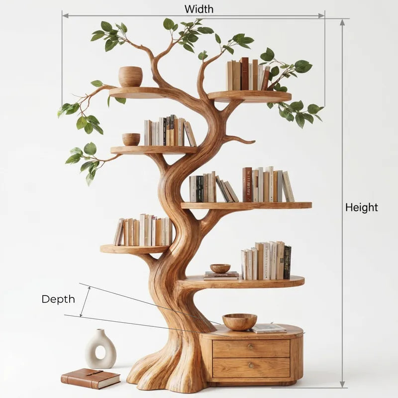 Sculptural Hand-Carved Tree Solid Wood Bookshelf & Branch Wall Display Unit with Integrated 2-Drawer Base
