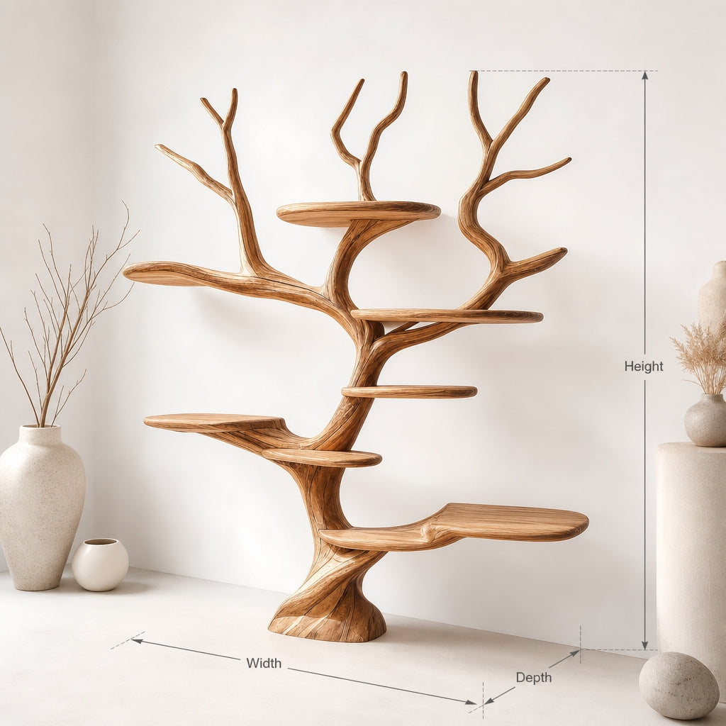 Solid wood tree bookshelf dimension diagram indicating height, width, and depth