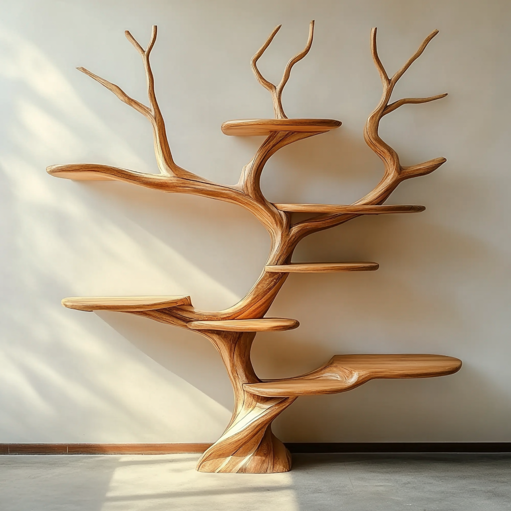 Handmade wood wall shelf with sculptural tree inspired form