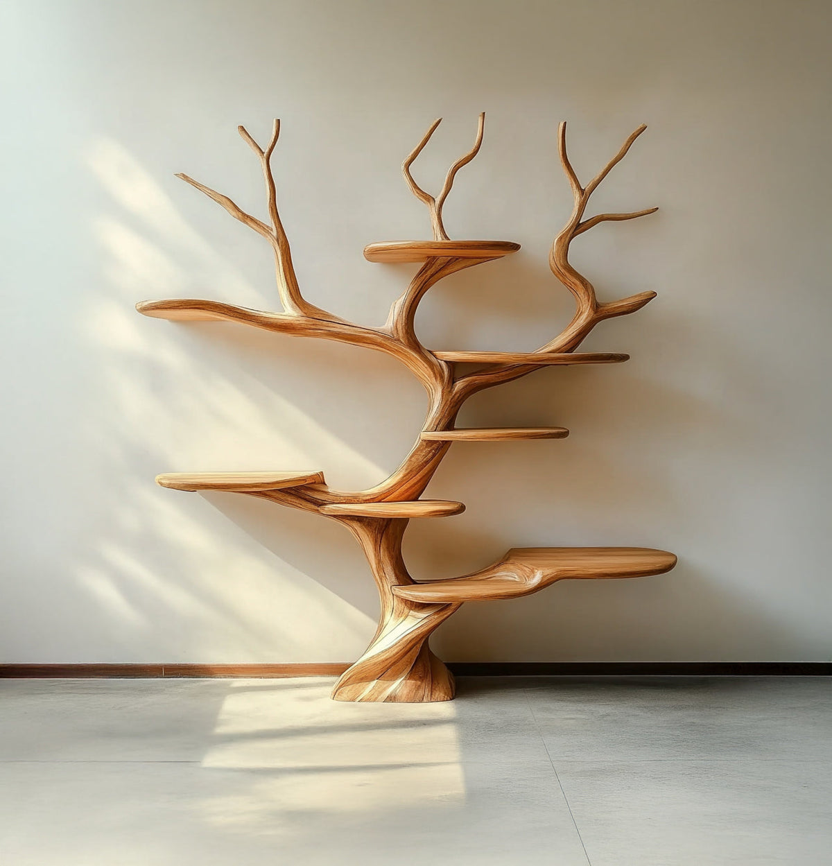 Sculptural tree bookshelf with artistic branch wall shelf design