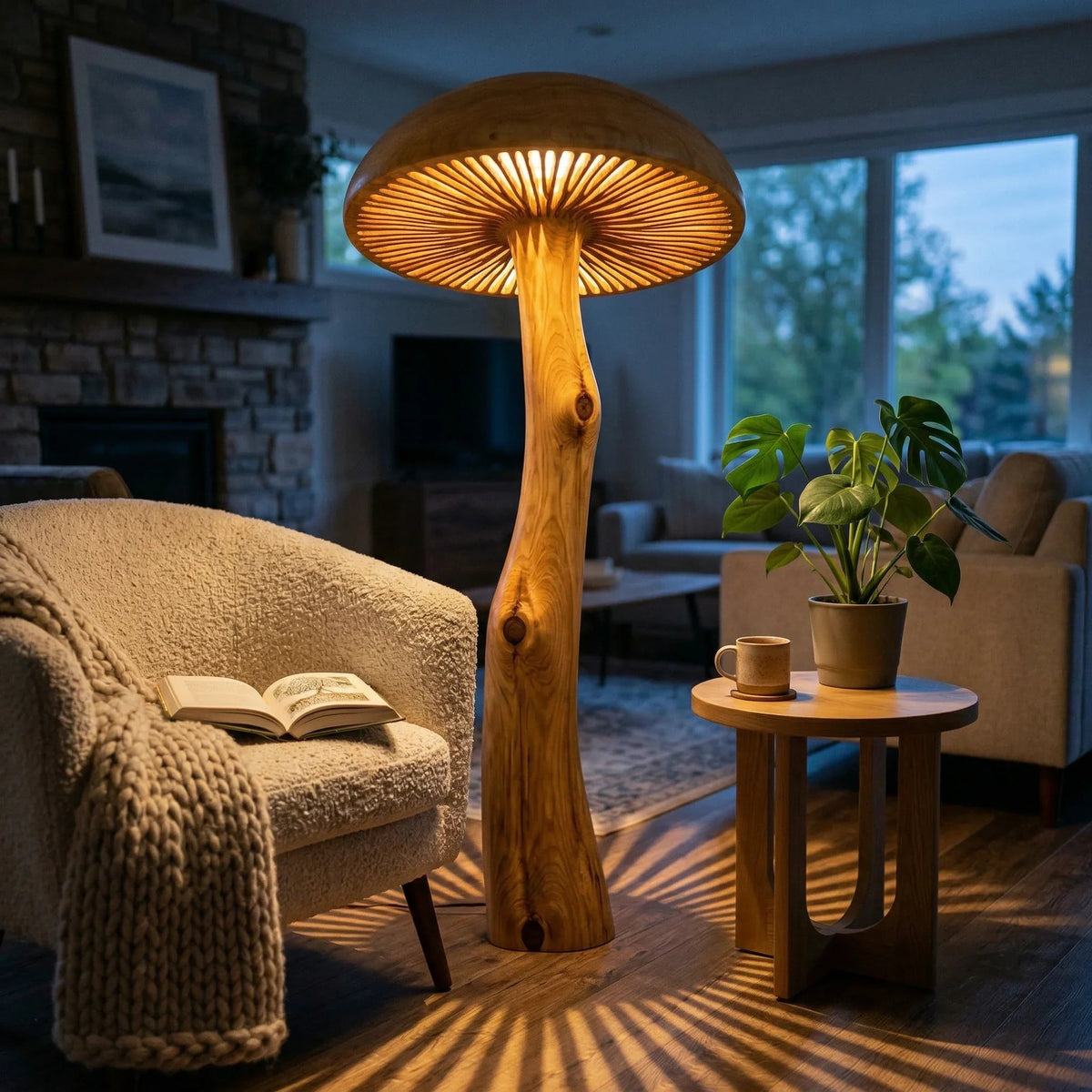 Solid wood mushroom floor lamp with sculpted log stem and wide shade in cozy living room