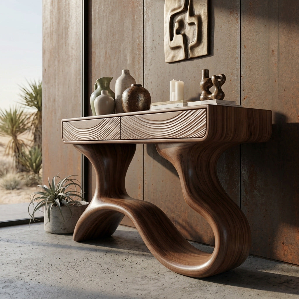 Sculptural solid wood console table with hidden storage in a modern entryway