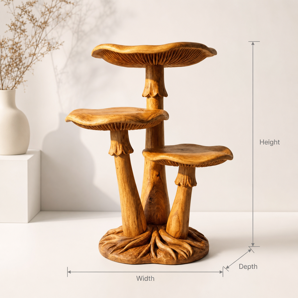 Triple Mushroom Cluster Display Stand with 3 Staggered Cap Shelves, Gill Carving and Root Base, Handcrafted Solid Wood Freestanding Shelf for Living Room, Bedroom, Entryway