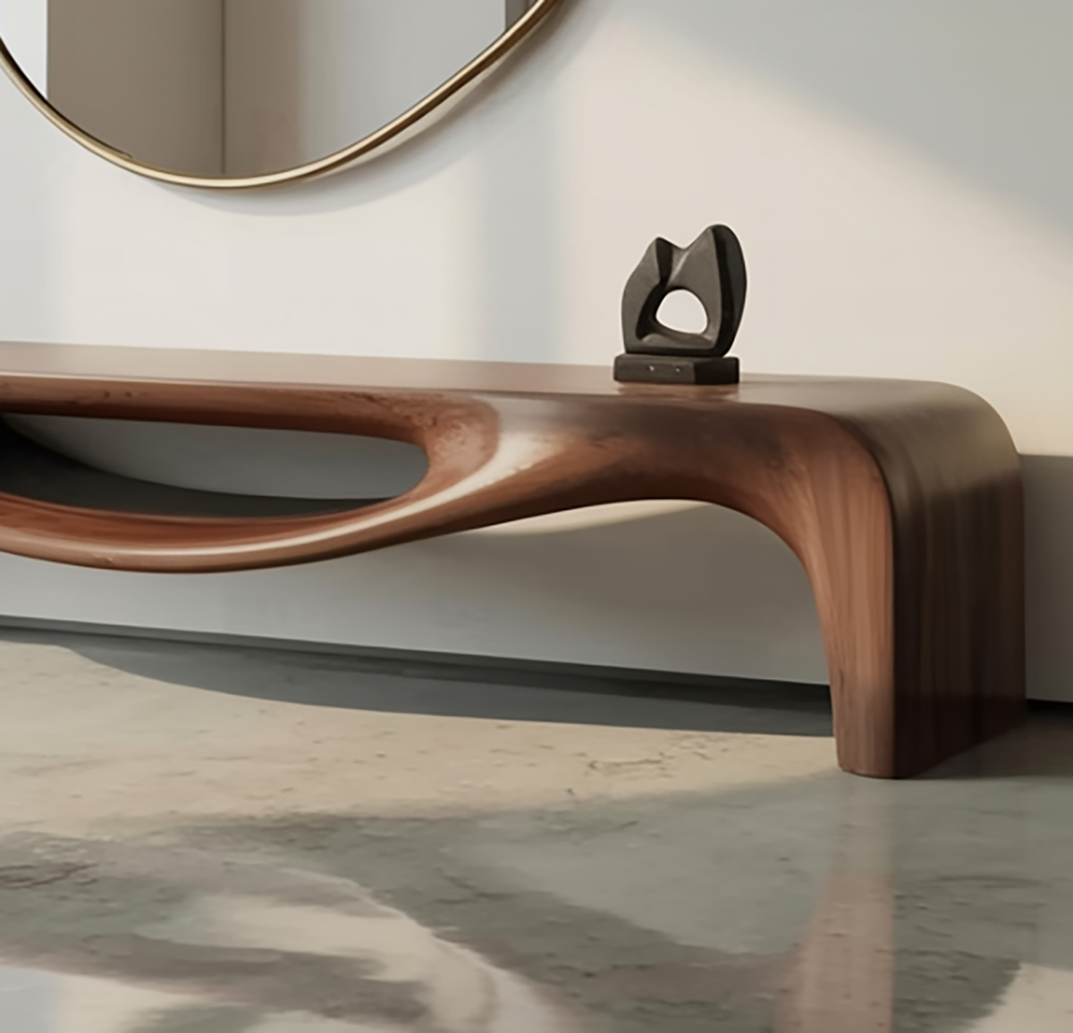 Unique wooden bench with organic flowing silhouette