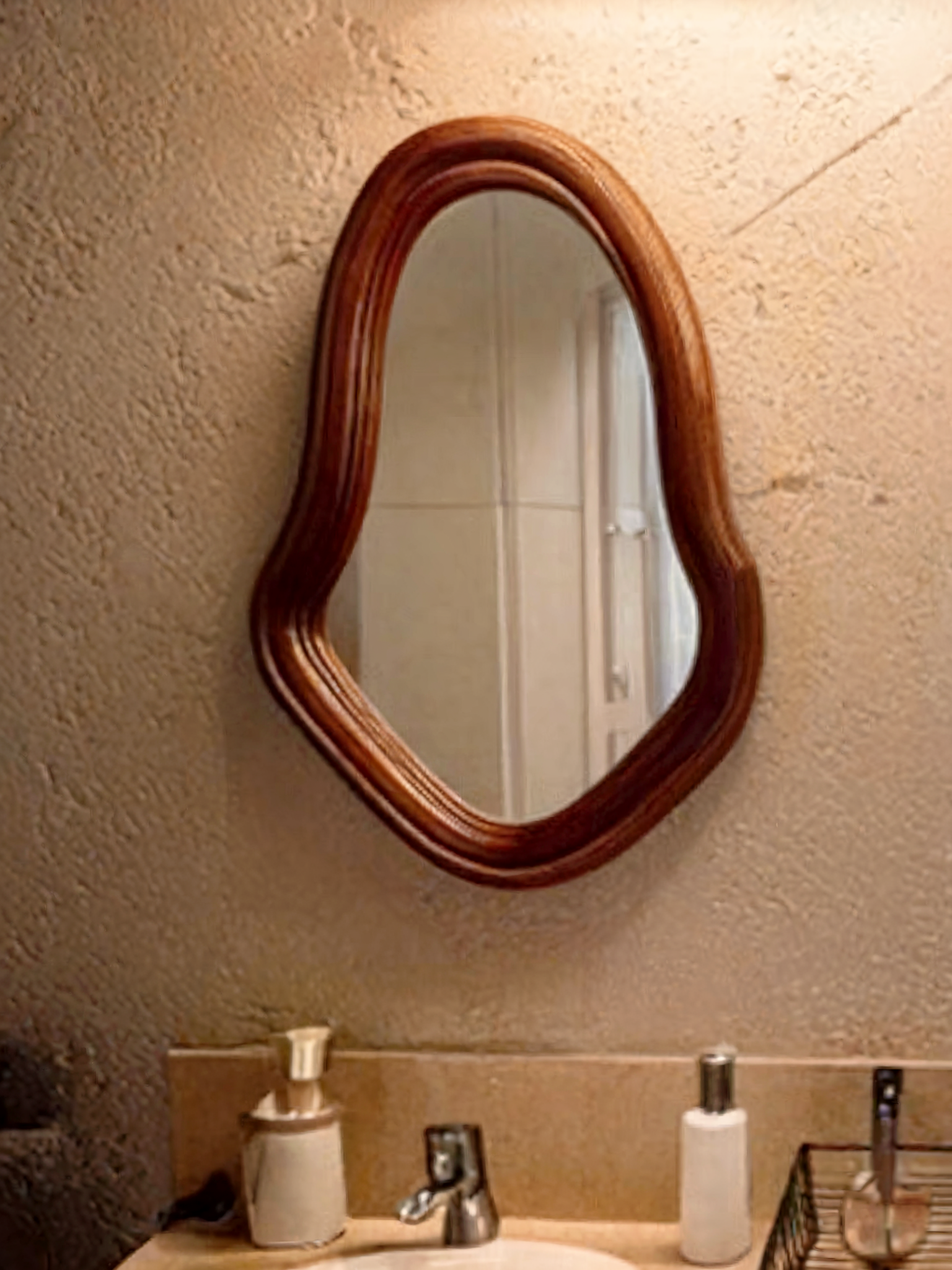 Handmade Olive Wood Mirror – Natural Live Edge Wooden Frame, Irregular Decorative Wall Mirror, Modern Wood Accent