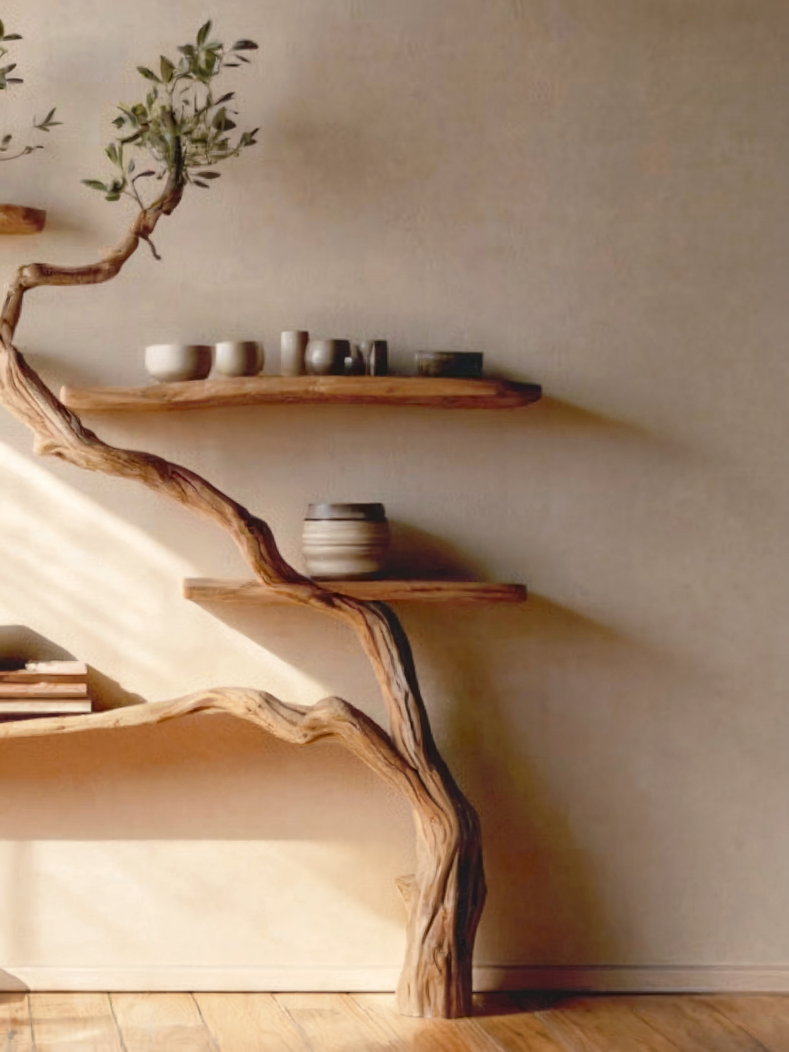 Live Edge Tree Branch Bookcase – Handmade Rustic Floating Wall Bookshelf with Natural Wood Branches