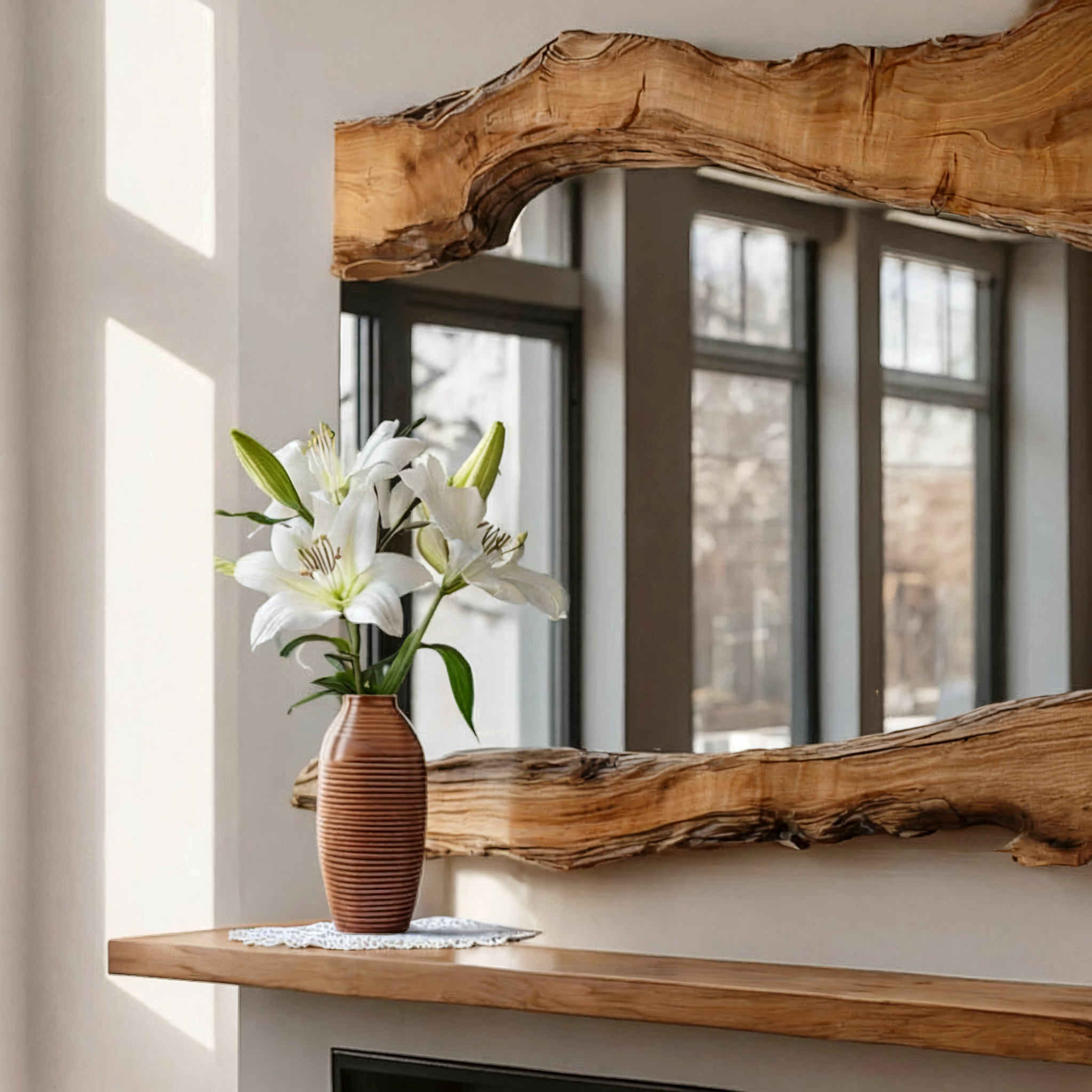 Handmade Olive Wood Wall Mirror – Rustic Live Edge Wooden Mirror with LED & Epoxy Design