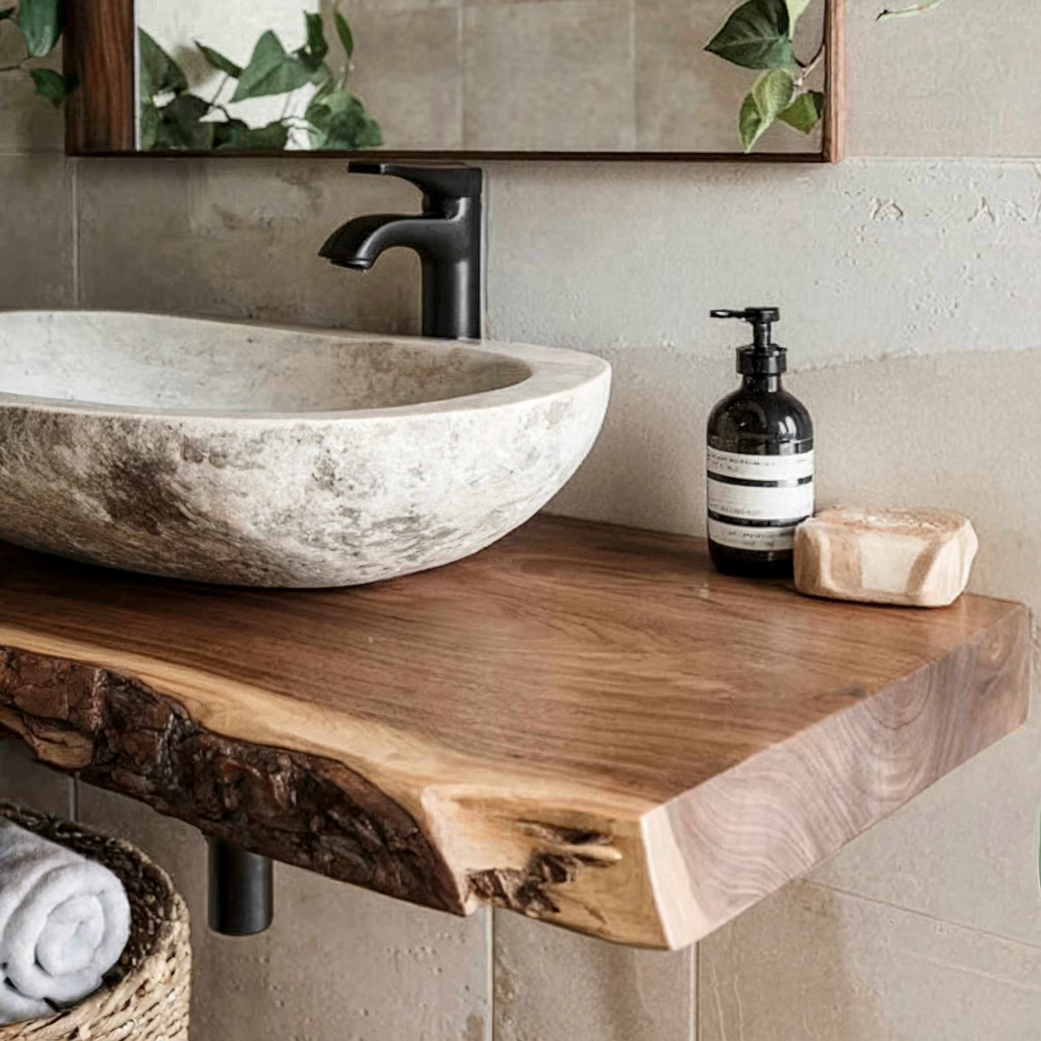 Reclaimed Live Edge Bathroom Vanity Shelf – Handmade Corner Shelf with Rustic Wall Mounted Brackets