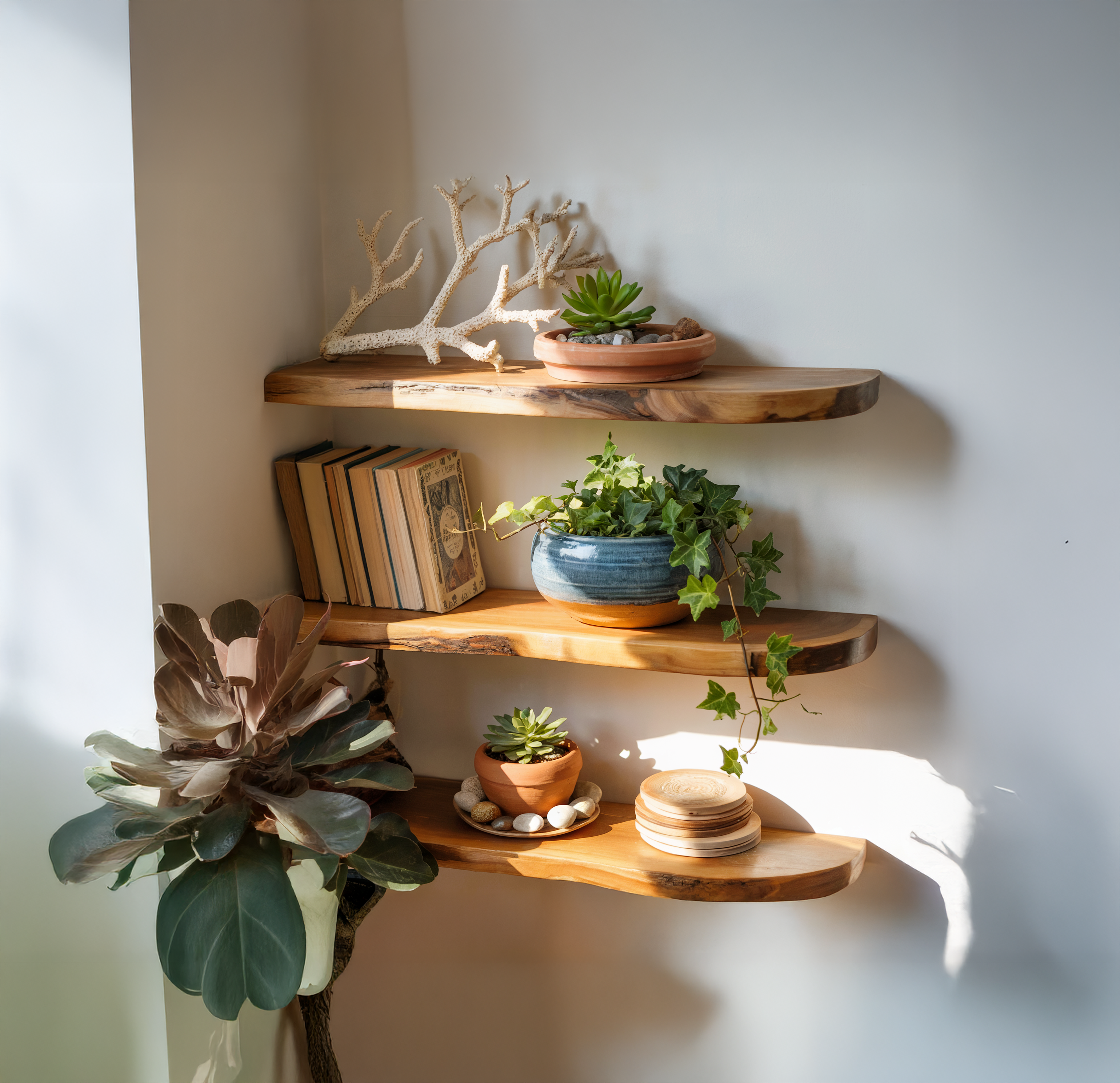 Floating Corner Wall Shelf – Live Edge Wooden Shelf for Home Decor & Aquarium
