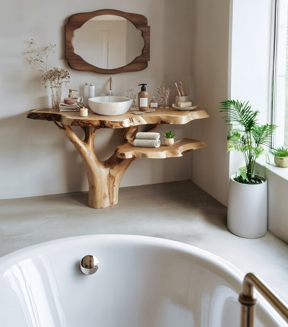 Reclaimed Live Edge Counter Wood Bathroom Vanity – Handmade Floating Vanity, Rustic Wall Mounted Vessel Sink