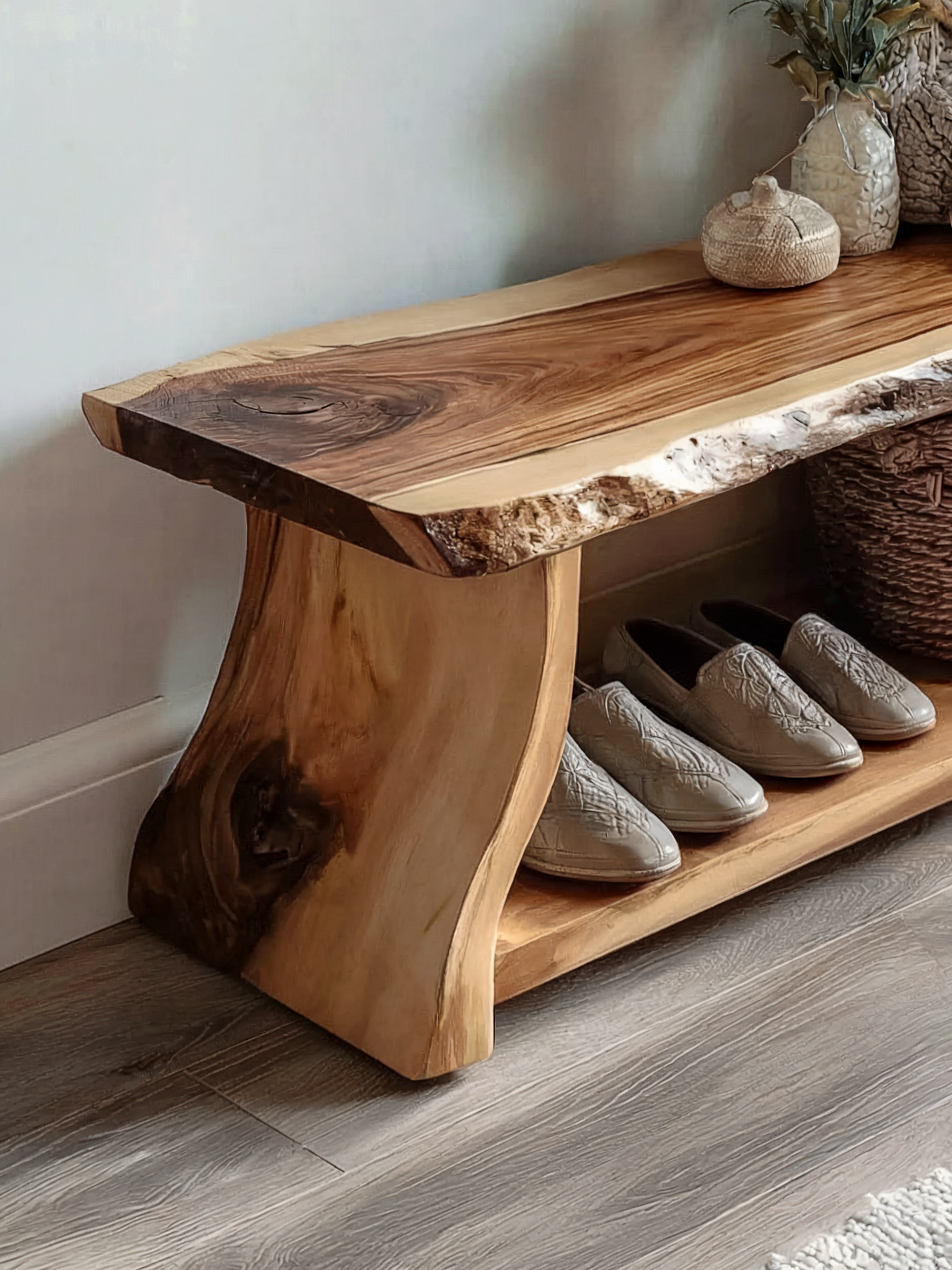 Solid Oak Shoe Bench with Storage – Handmade Entryway Rack, Custom Size & Color