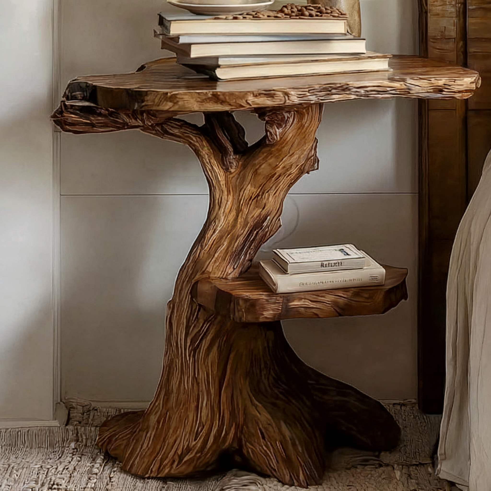 Rustic Solid Wood Table – Handmade Farmhouse Side & Round End Table, Live Edge Coffee Table