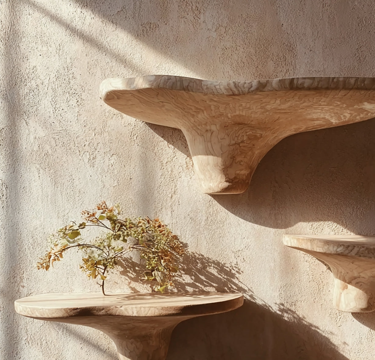 Rustic Mushroom Floating Shelves with Hidden Brackets – Artisanal Wood Home Decor
