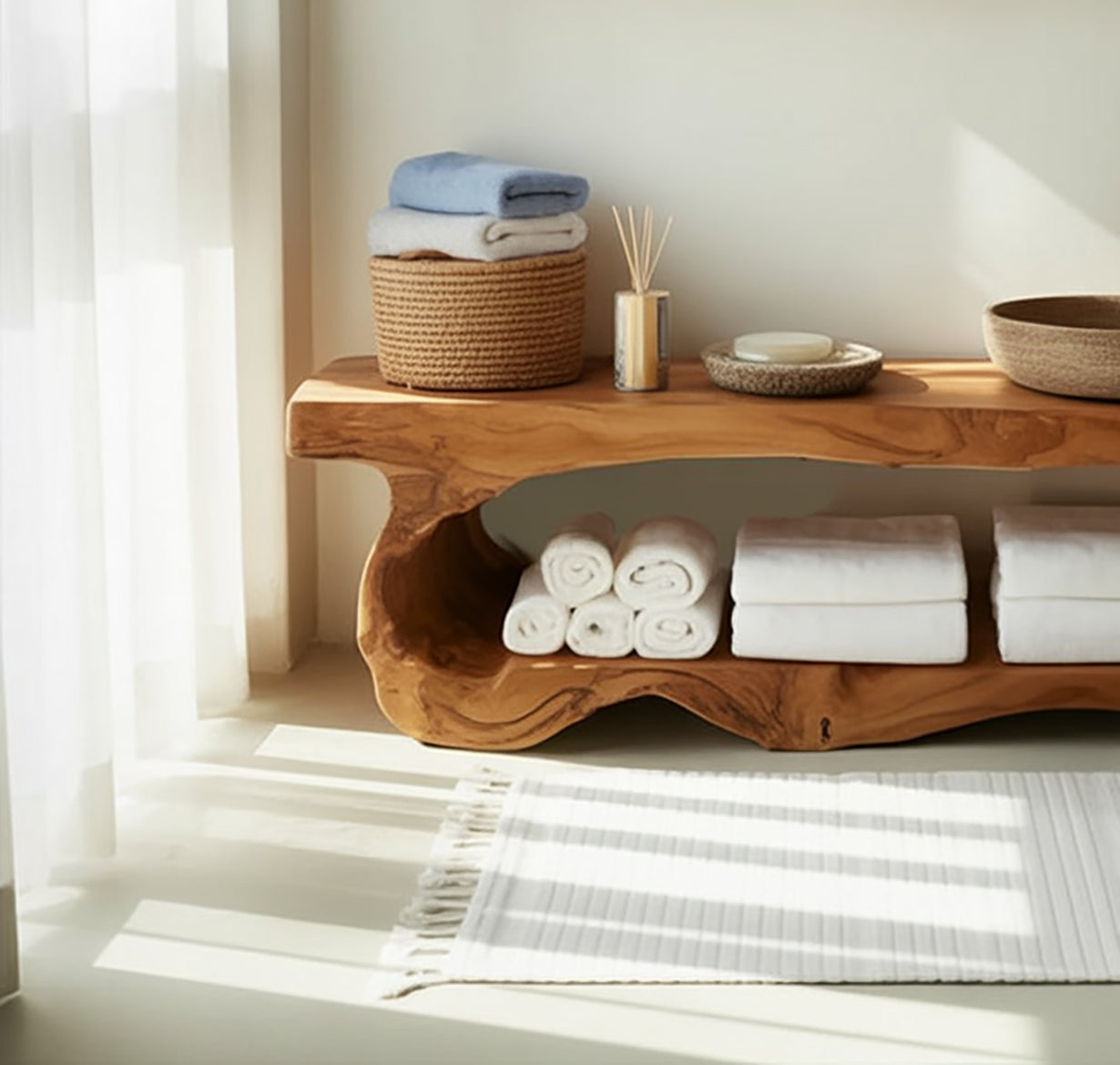 Organic Solid Wood Bathroom Bench with Storage Shelf – Handcrafted