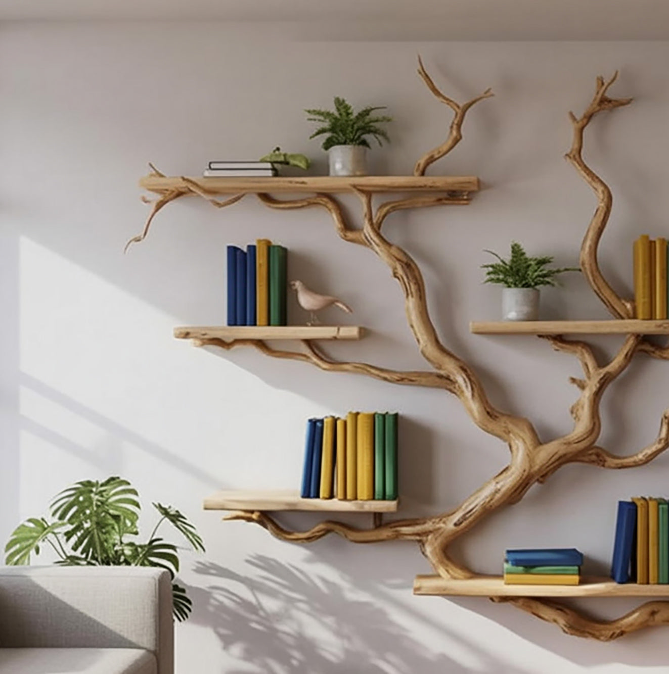 Handmade Tree Book Shelf – Sculptural Wooden Wall Bookshelf