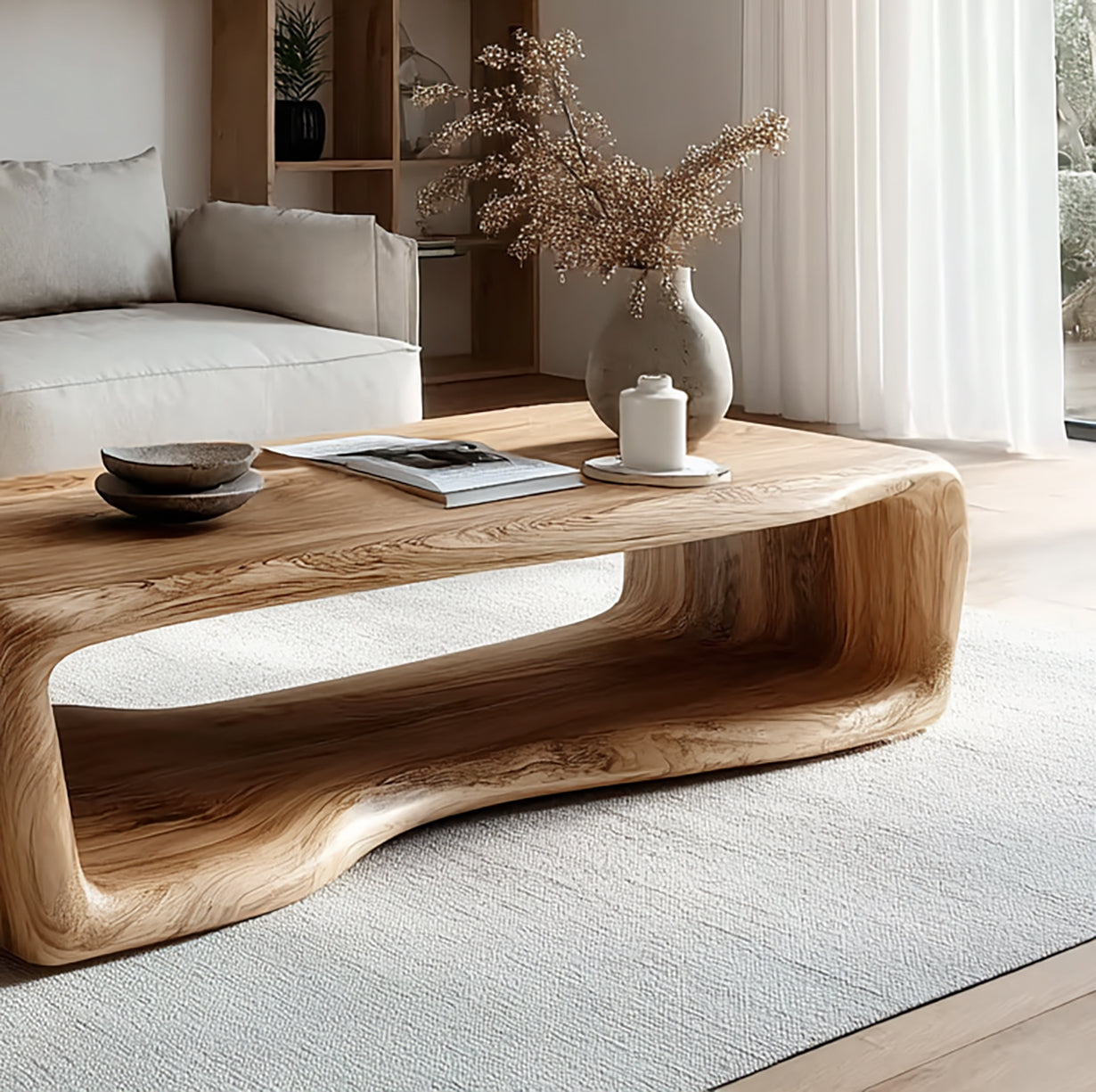 Rustic Wooden Coffee Table - Solid Rectangular Live Edge Wood Decor