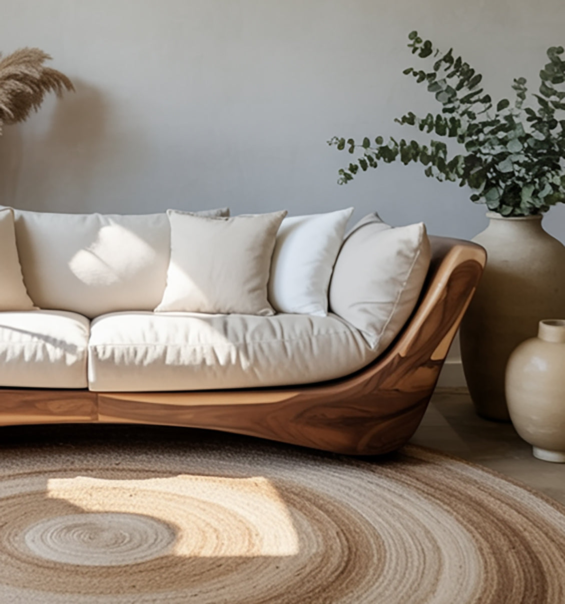 Modern Curved Wood Sofa – Handcrafted Solid Wood Frame for Living Room