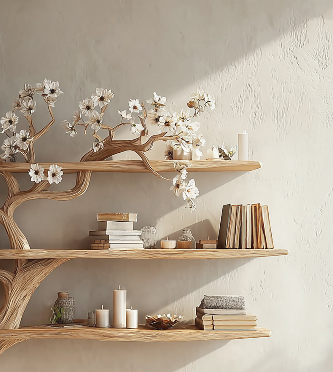 Rustic Tree Branch Bookshelf – Floating Wall Shelf for Living Room