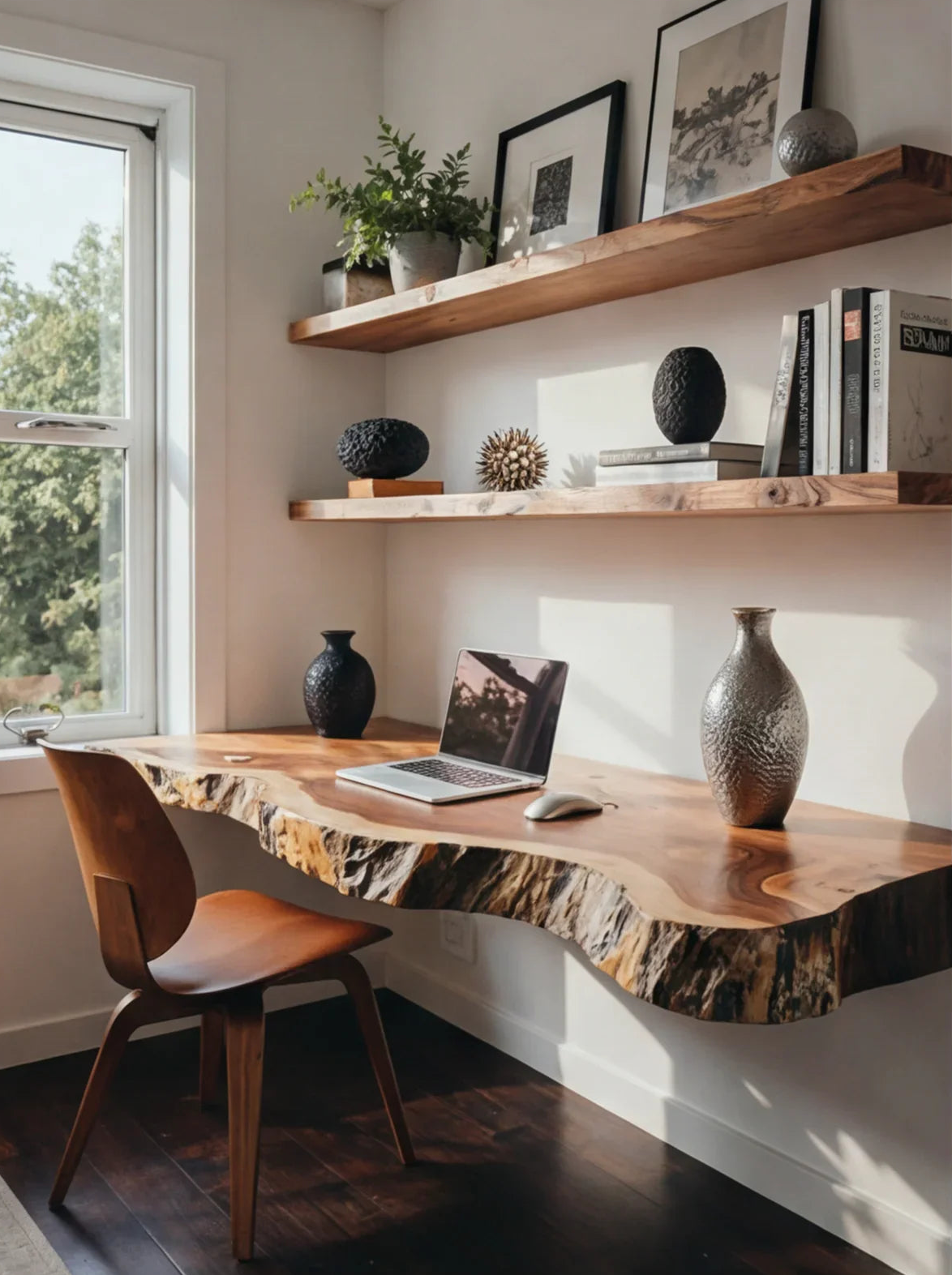 Live edge wood desk with laptop and modern chair, floating wood shelves with plants and decor in bright home office. desk with floating shelves solid wood workspace setup.