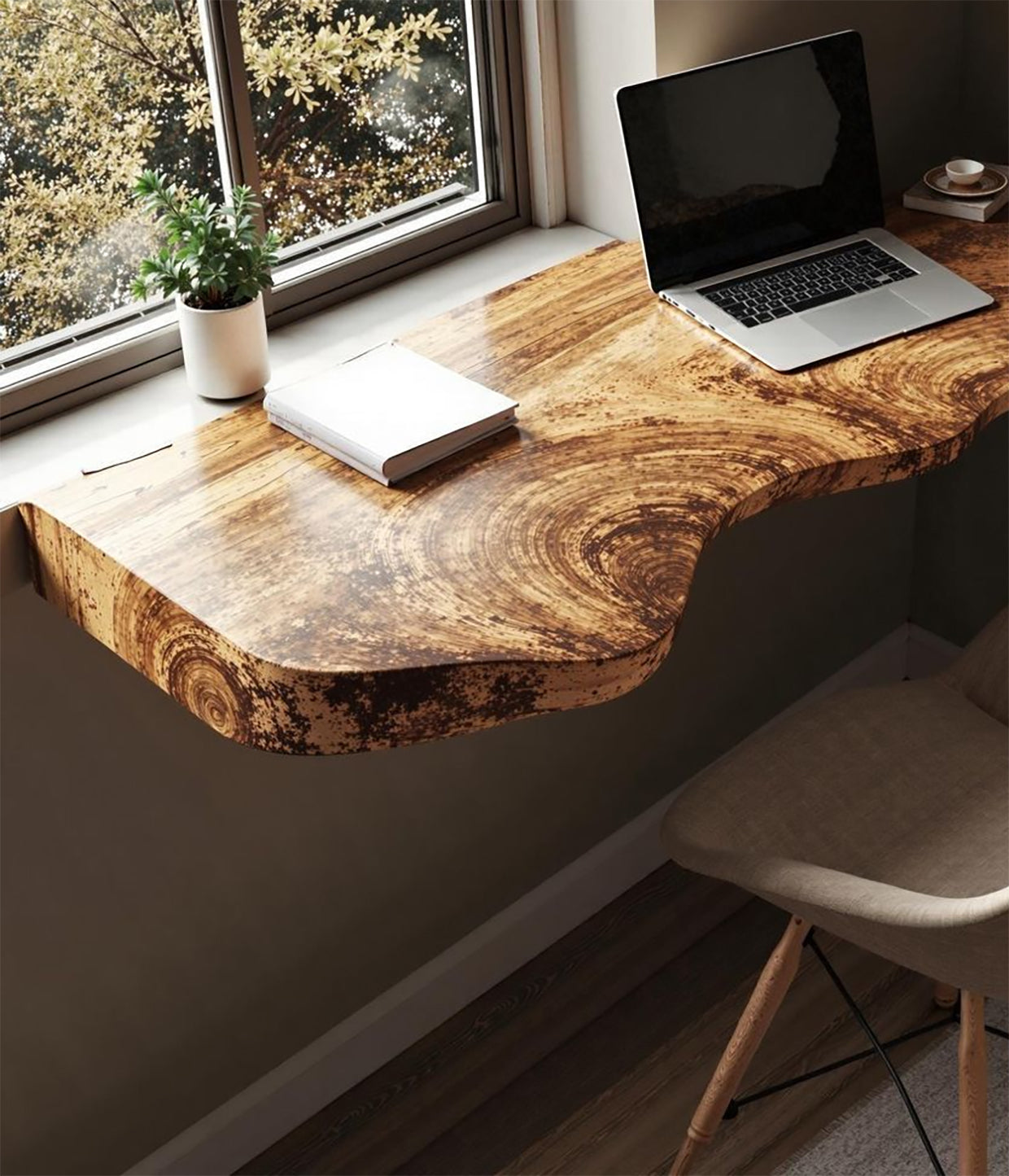 Handmade Floating Desk – Rustic Live Edge Shelf, Farmhouse Wall-Mounted Bracket Desk