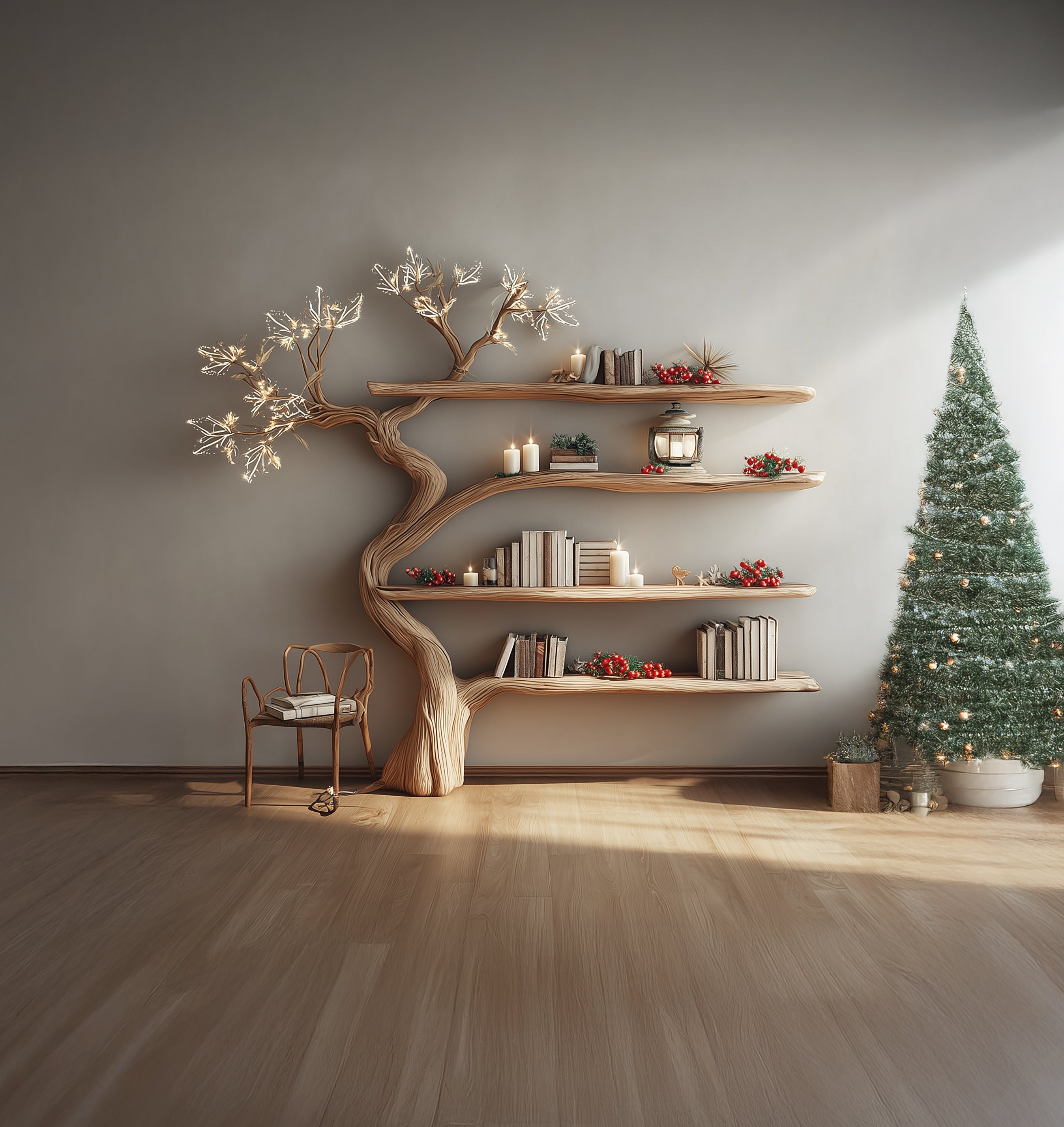 Handcrafted Tree Bookshelf – Rustic Wooden Wall-Mounted Bookcase for Home Decor