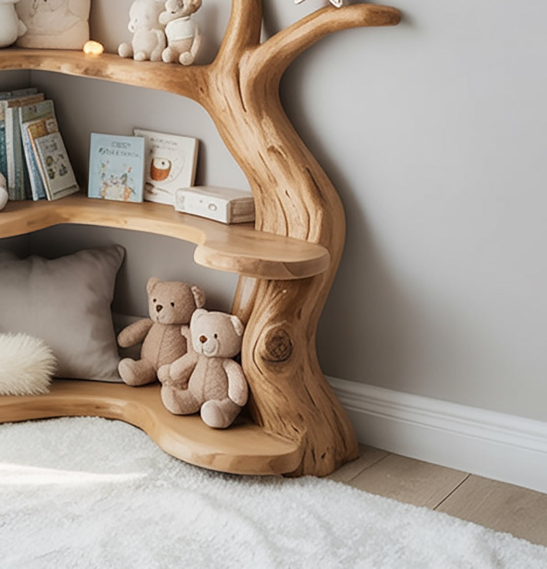 Handmade Wooden Tree Bookshelf for Kids – Rustic Corner Shelf for Nursery or Playroom