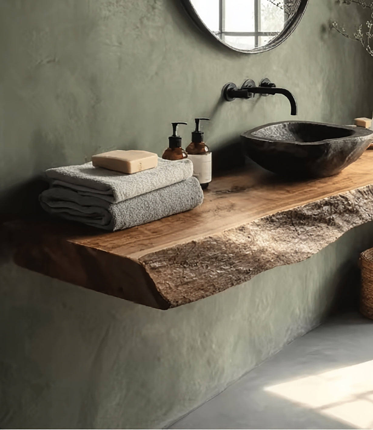 Rustic Floating Vanity Shelf – Handcrafted Live Edge Bathroom Shelf with Brackets