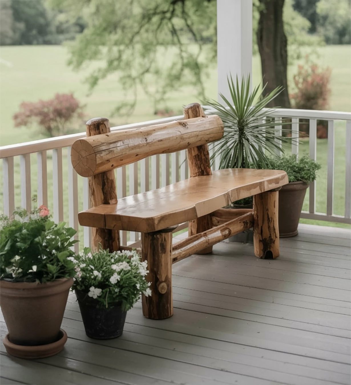 Rustic Live Edge Outdoor Wooden Bench With Backrest For Porch Or Garden