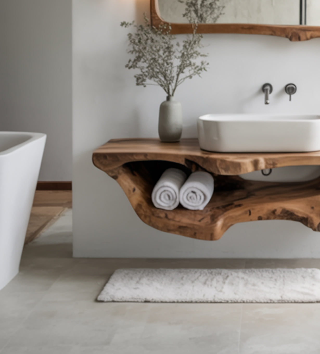 Solid Wood Floating Vanity – Walnut Live Edge Bathroom Sink & Farmhouse Décor