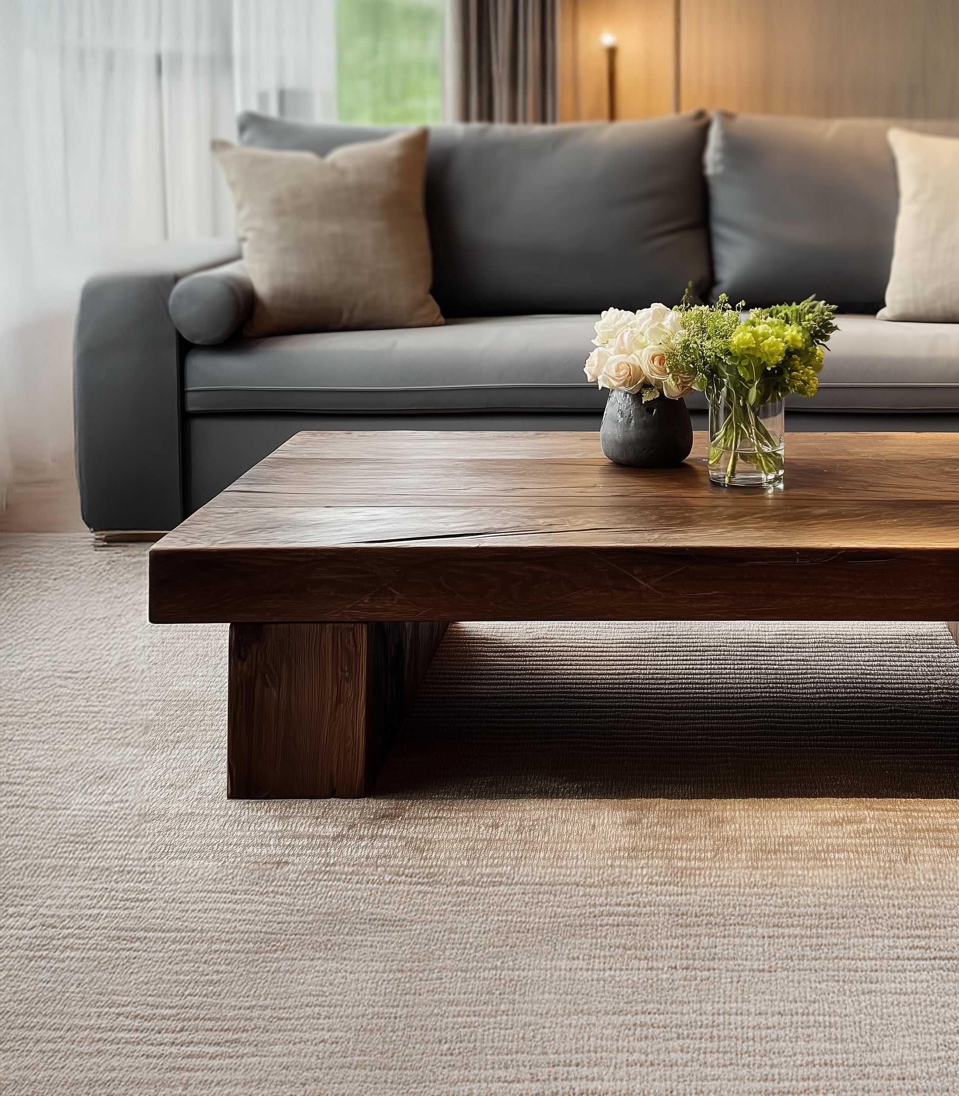 Rustic Handmade Wooden Coffee Table – Live Edge Solid Wood Trestle Farmhouse Rectangular End Table